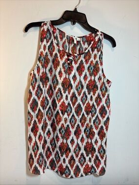EST 1946 Sleeveless Ikat Print Tank Top in White, Red & Teal. 622